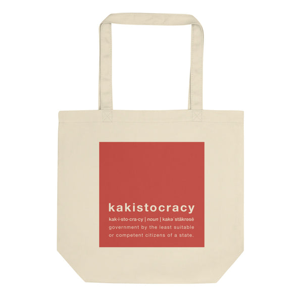 kakistocracy tote bag off white tote with red design