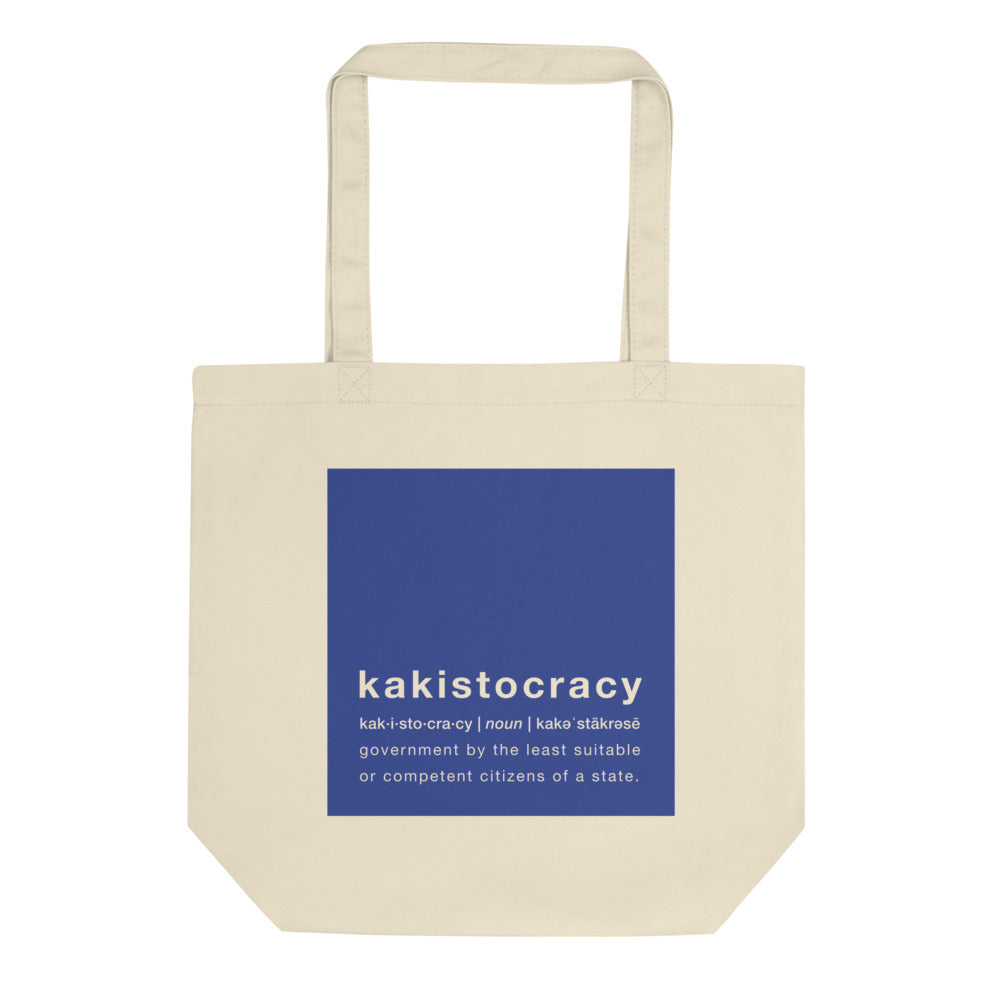 kakistocracy tote bag off white tote with blue design